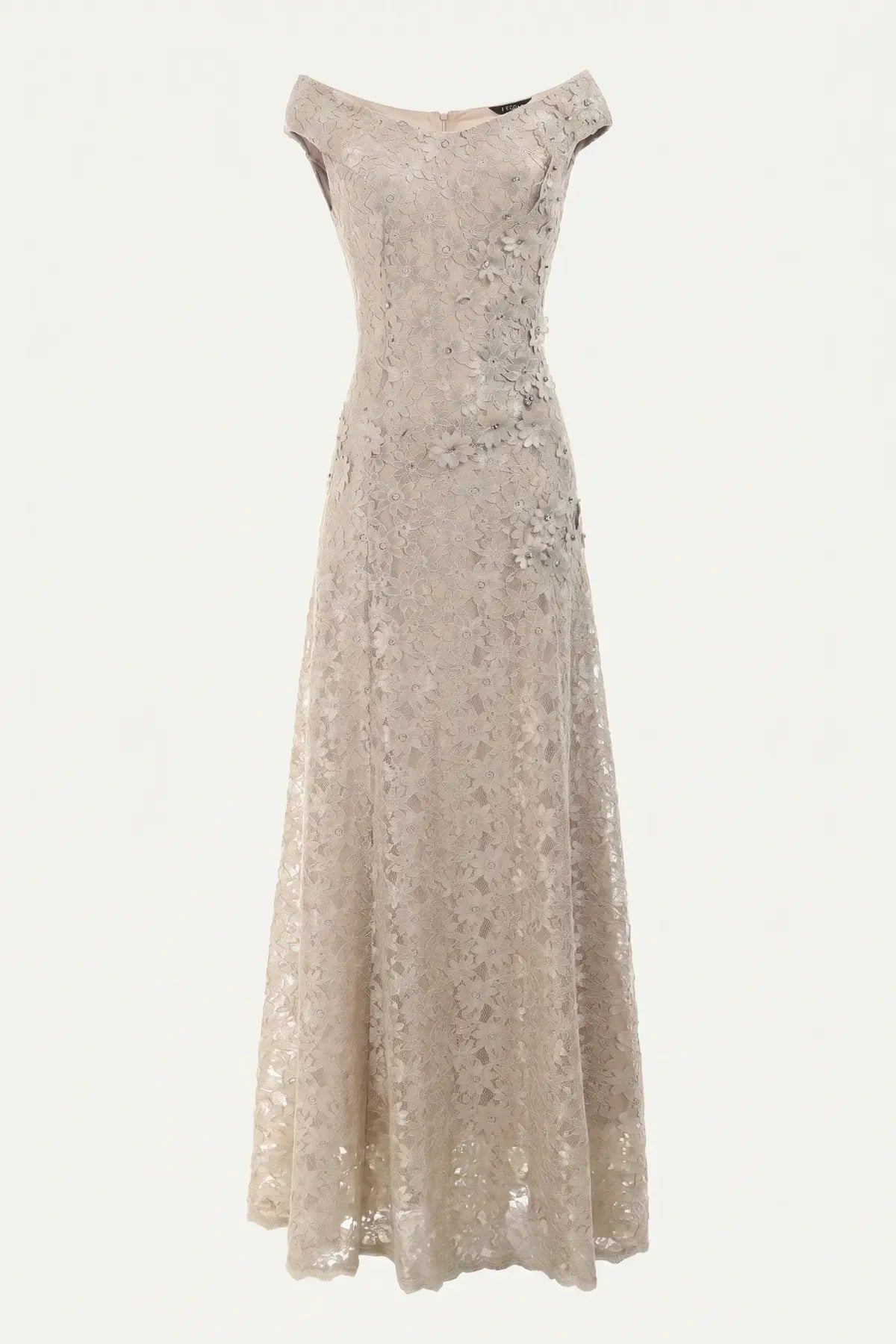 Beige floral lace gown on white, full front view showing V-neckline, cap sleeves, and floor-length flared hem
