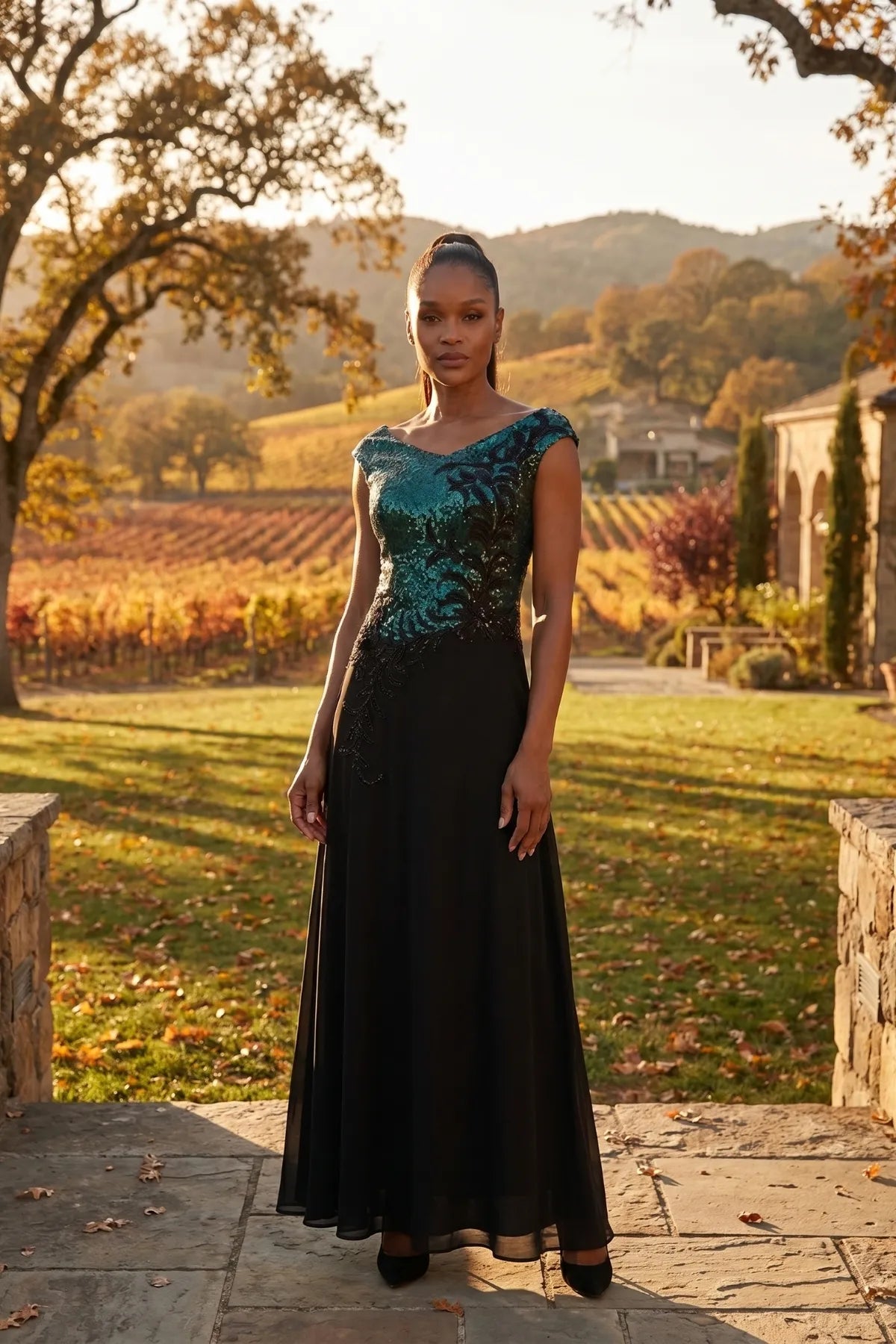 Full-length Greta gown photographed at golden hour in a vineyard setting