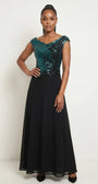 Greta Long Dress in turquoise black, teal sequined bodice with black floral appliqué and flowing black chiffon skirt