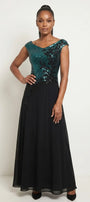 Greta Long Dress in turquoise black, teal sequined bodice with black floral appliqué and flowing black chiffon skirt