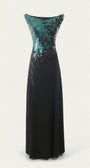 Front product view of the teal sequined bodice, black appliqué, and floor-length black chiffon skirt