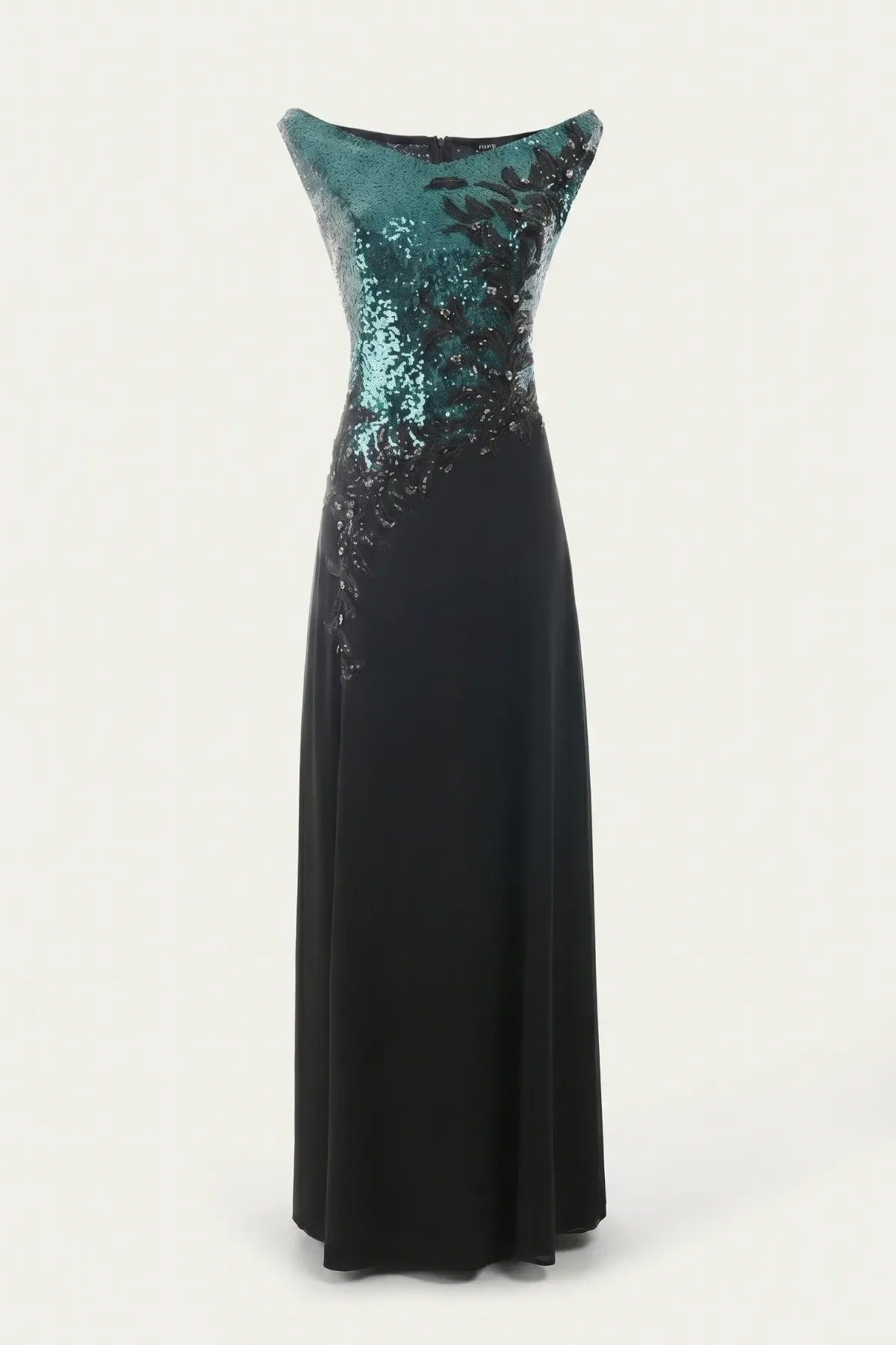 Front product view of the teal sequined bodice, black appliqué, and floor-length black chiffon skirt