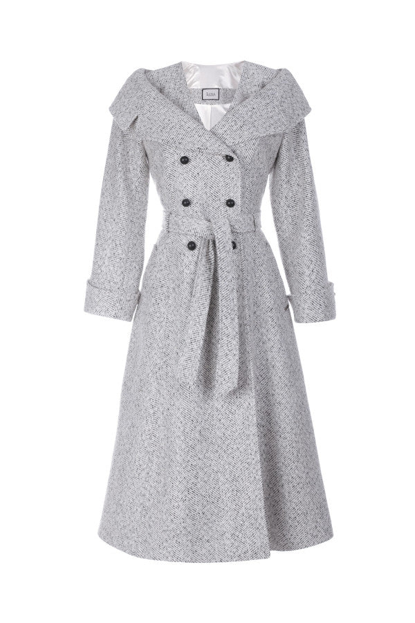 Gray patterned coat with black buttons on a white background