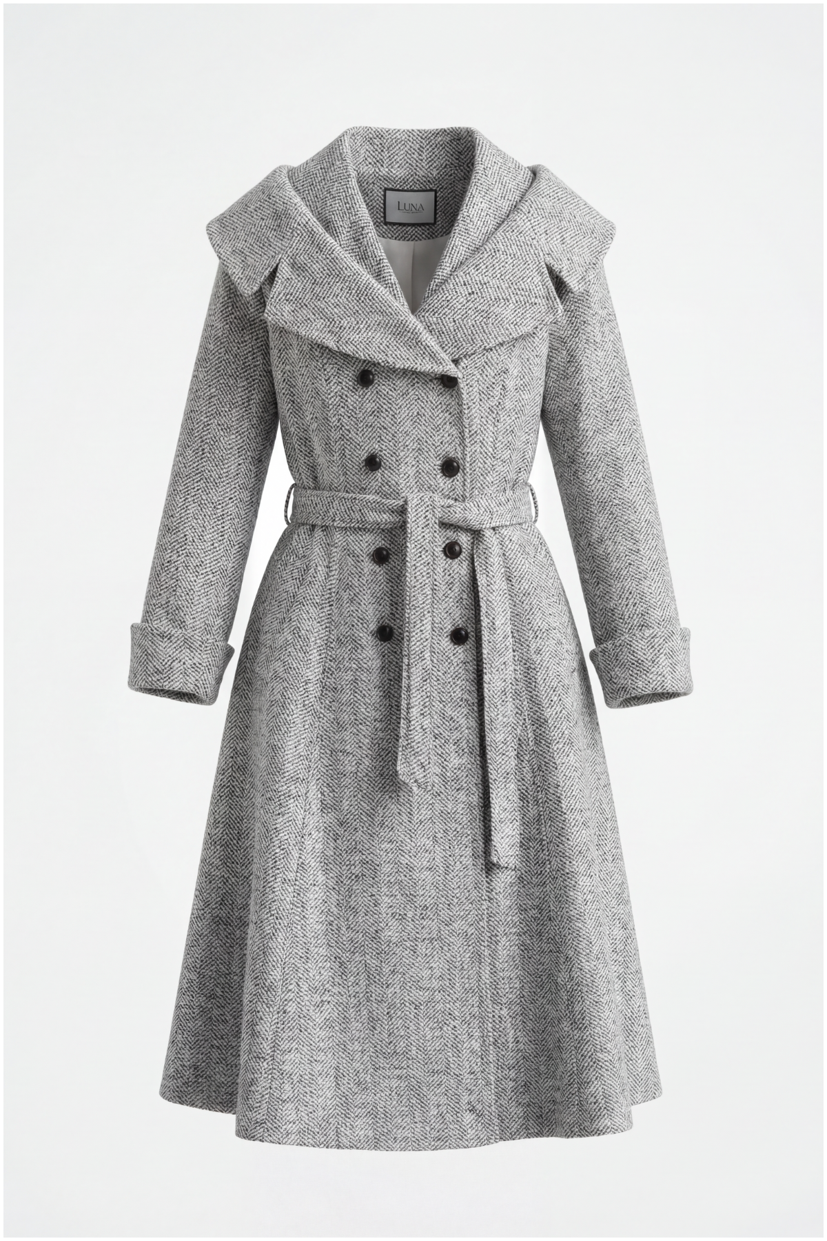 Gray coat with a belt on a white background