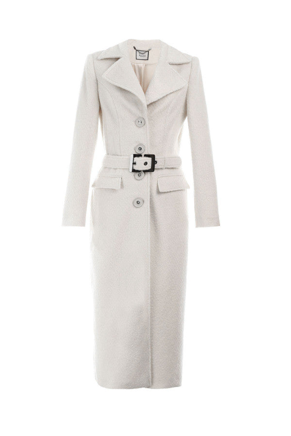 White coat with a belt on a white background Luna Fashion House 