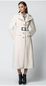 Woman wearing a long beige Luna Fashion House coat on a white background