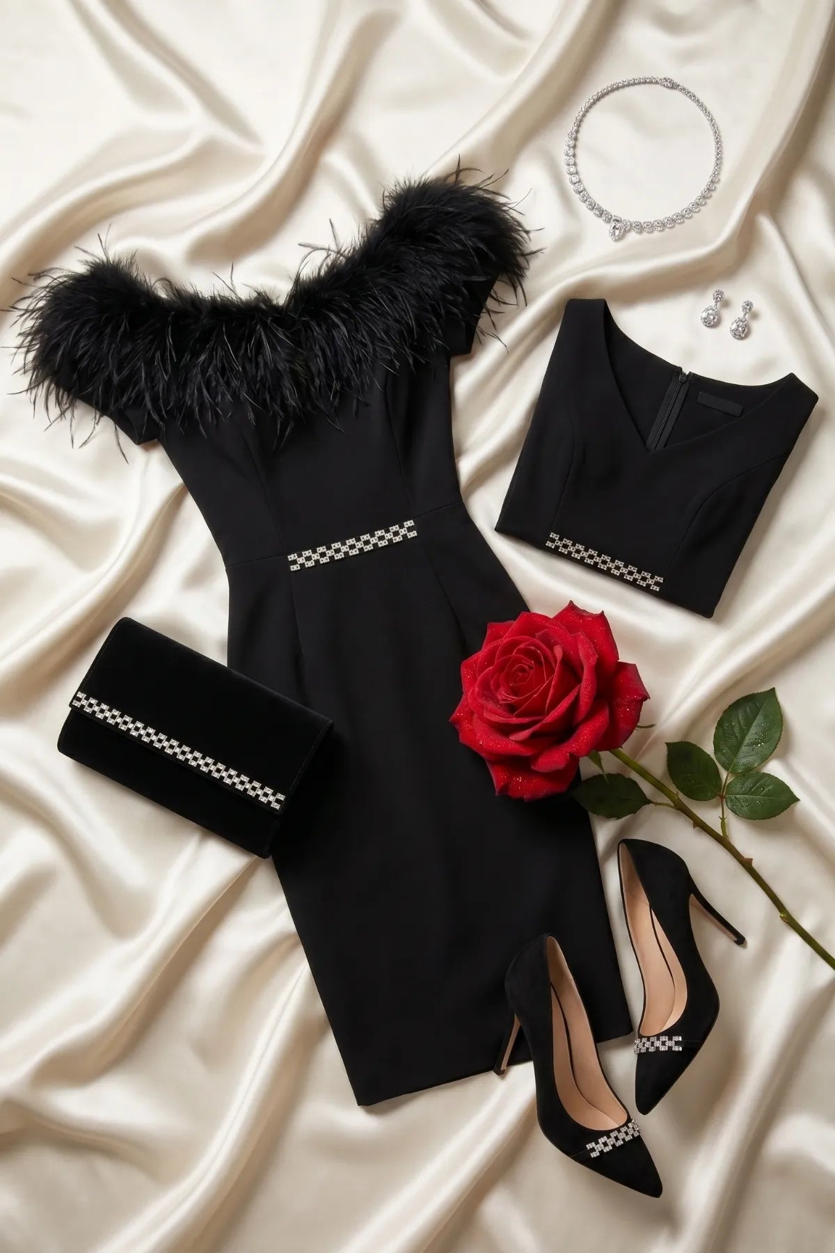 Flat-lay of the dress with feather collar attached, styled with crystal jewelry, black clutch, suede pumps, and a red rose.