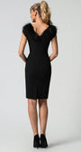 Back V-neckline with feather collar wrapping the shoulders, concealed back zipper, and small center-back hem vent.