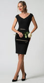 Dora Feather Trim Dress in Black with removable feather collar attached at V-neckline and pavé crystal bar at the waist.