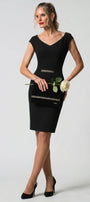 Dora Feather Trim Dress in Black with removable feather collar attached at V-neckline and pavé crystal bar at the waist.