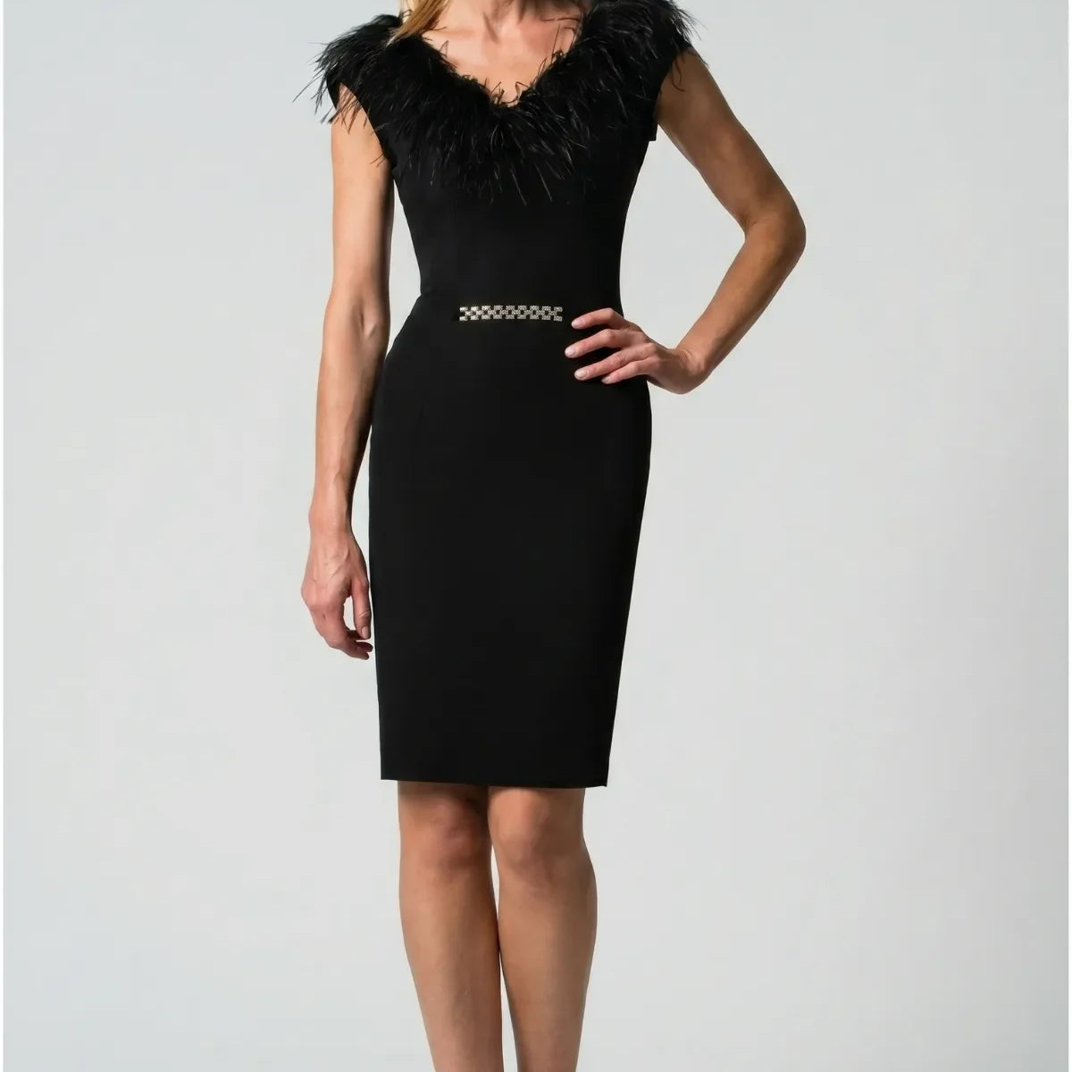 Black Feather Trim Dress, Dora. Styled without the feather collar, with a black clutch and a white rose, showing the V-neck and crystal waist.