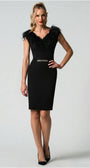 The dress styled without the feather collar, paired with a black clutch and white rose, showing V-neck and crystal waist.