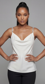 Dora Elegant Blouse in White. Blouse. Satin Sleeveless V-Neck.
