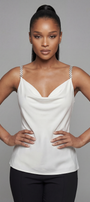 Dora Elegant Blouse in White. Blouse. Satin Sleeveless V-Neck.