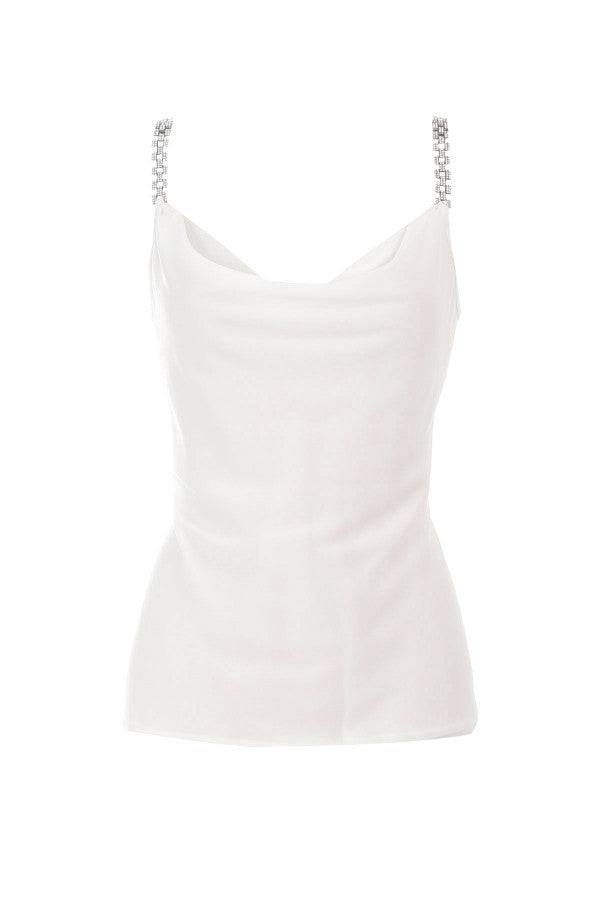 white elegant blouse Dora with jeweled straps and a draped neckline, elegant and versatile for day or evening wear