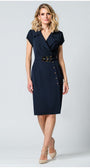 Woman wearing navy wrap dress with structured lapel, metallic buttons, wide belt, and pencil silhouette against white background