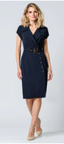 Solid navy wrap midi dress with short sleeves and waist tie, Olga by Luna Fashion House