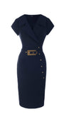 Navy wrap midi dress for wedding guest and executive wear, Olga Luna Fashion House