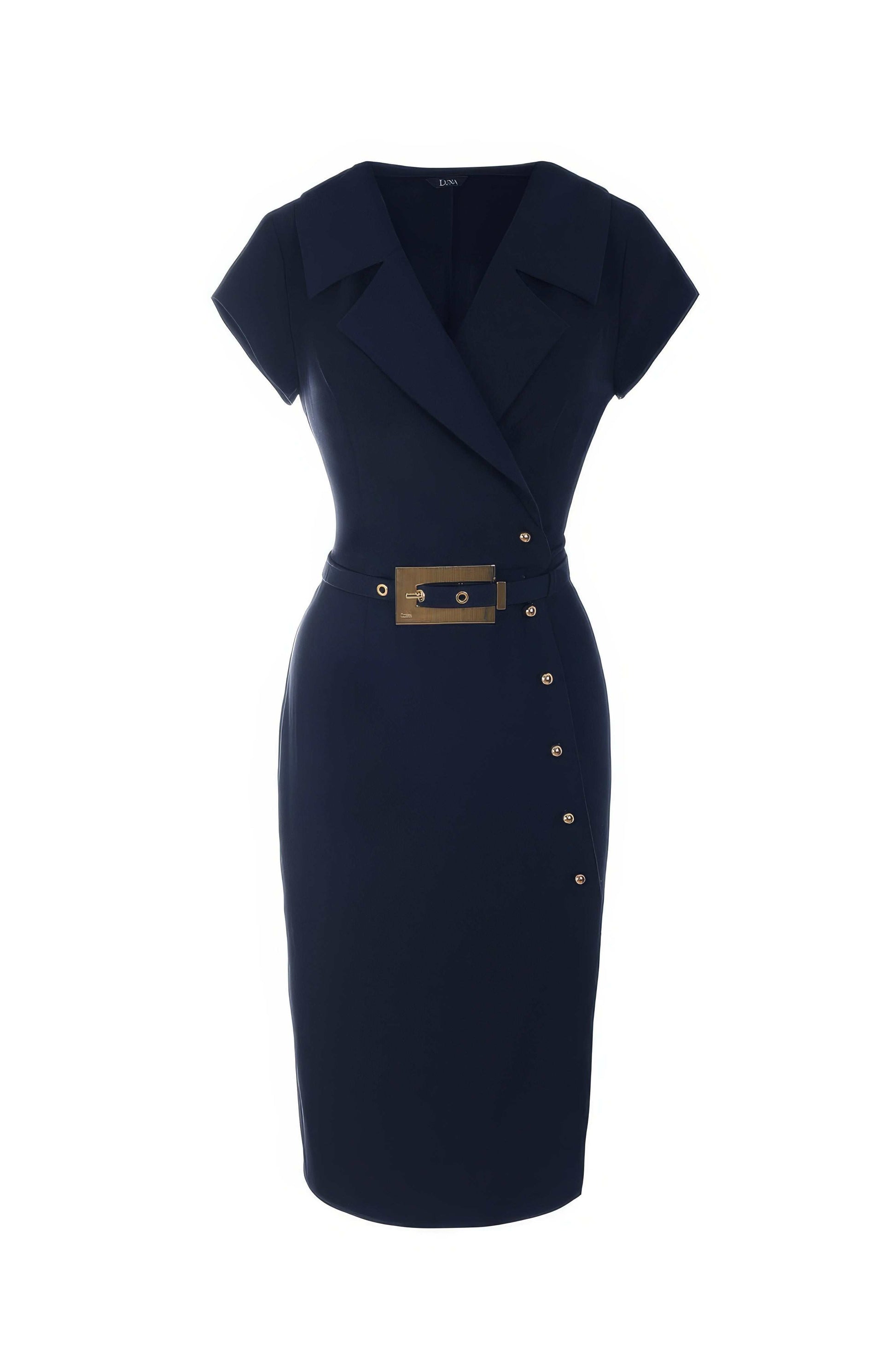 Navy wrap midi dress for wedding guest and executive wear, Olga Luna Fashion House