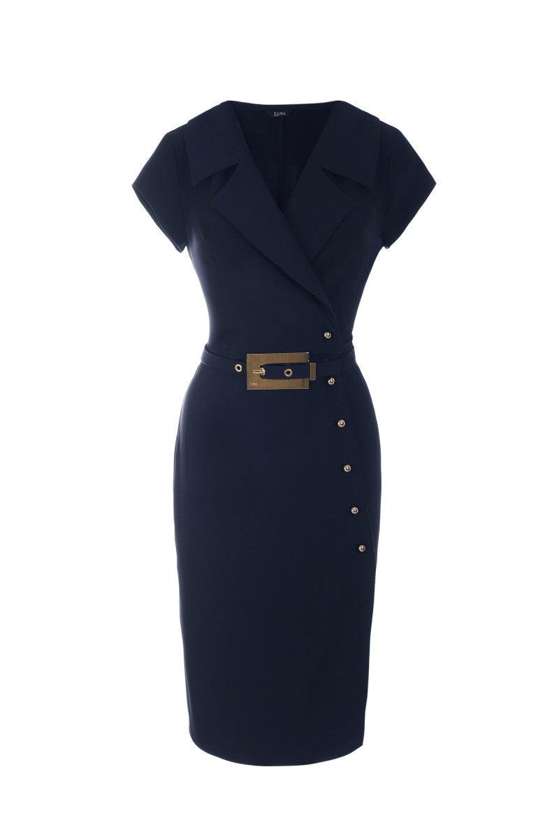 Navy wrap dress with structured lapel, asymmetrical metallic buttons, wide belt with statement buckle, tailored pencil silhouette.