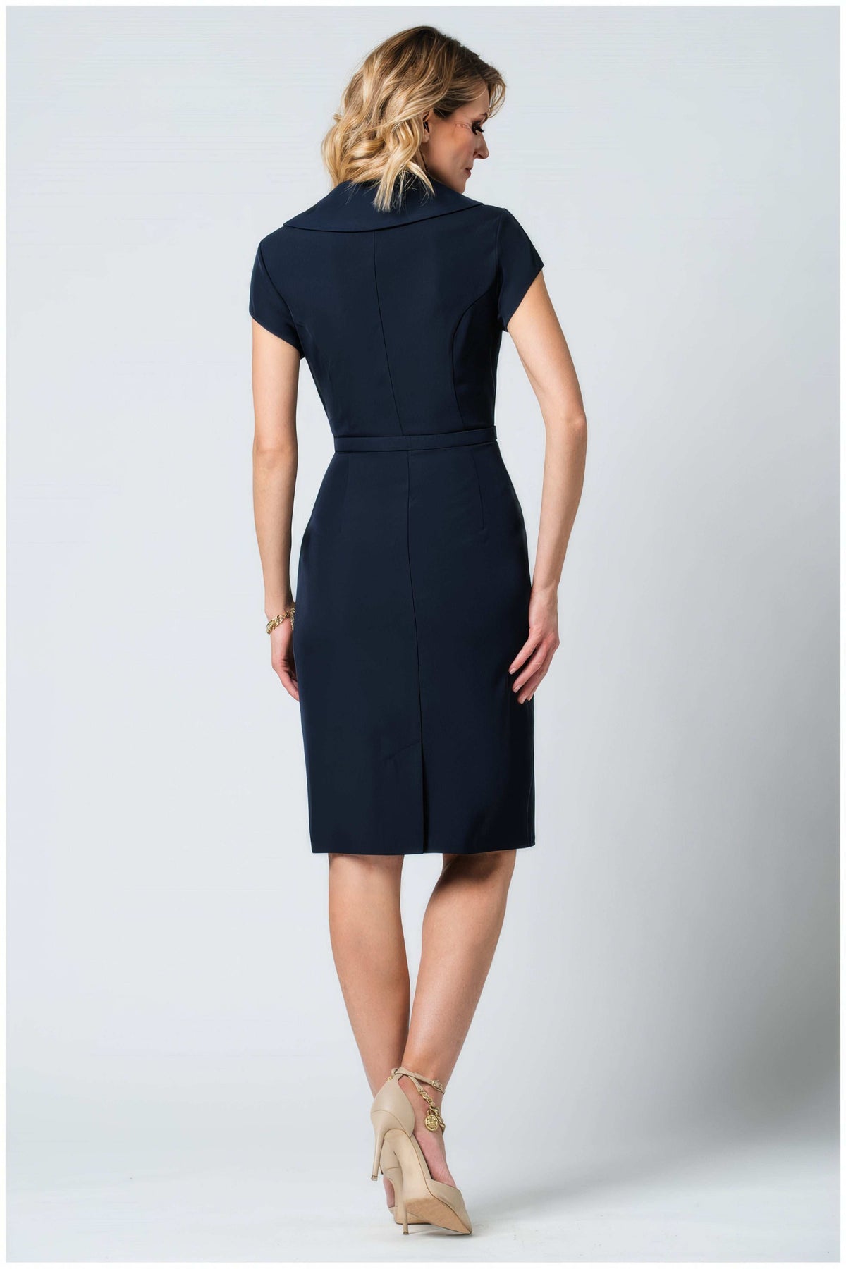 Navy Wrap Dress, Olga. Wrap dress. Short cap sleeves.