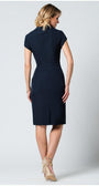 Woman wearing a tailored navy wrap dress with short sleeves and pencil skirt, shown from the back