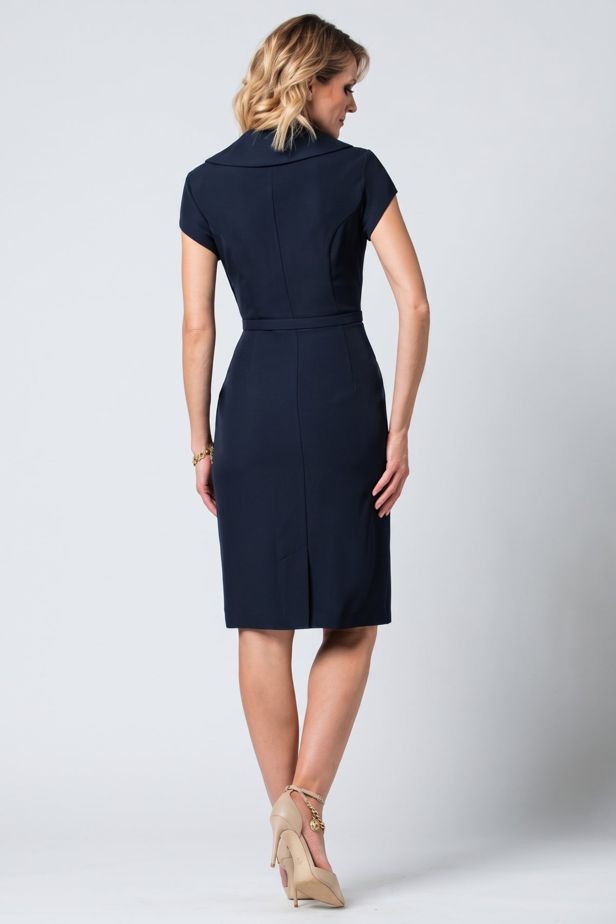 Navy Wrap Dress, Olga. Back view on the model.