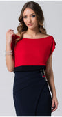 Woman wearing a red and black Top Greta with a sleek silhouette, pairing elegance and modern style by Luna Fashion House.