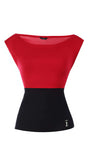 Greta Red & Black Blouse from Luna Fashion House with elegant red top and fitted black waist panel crafted in Europe