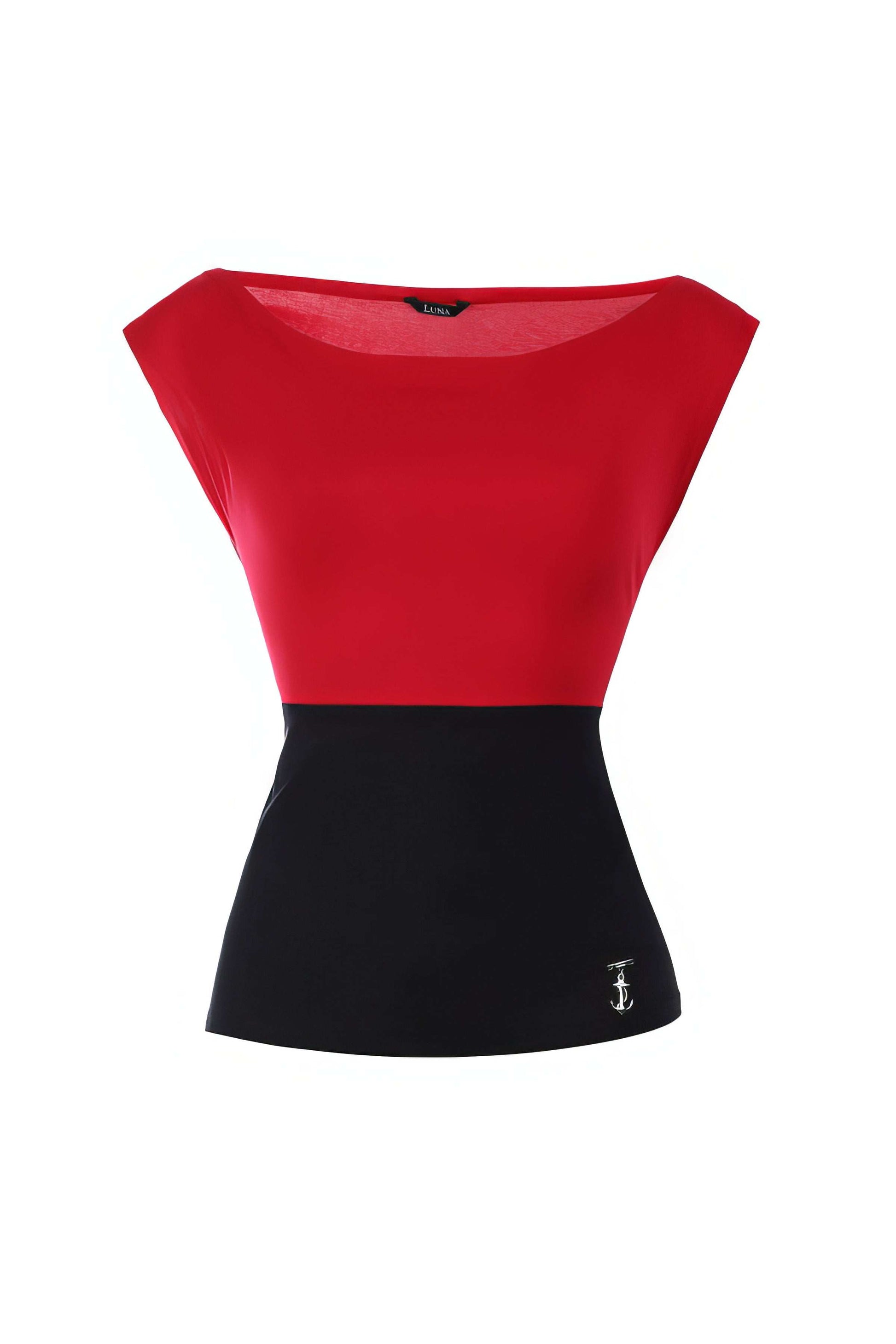 Greta Red & Black Blouse from Luna Fashion House with elegant red top and fitted black waist panel crafted in Europe