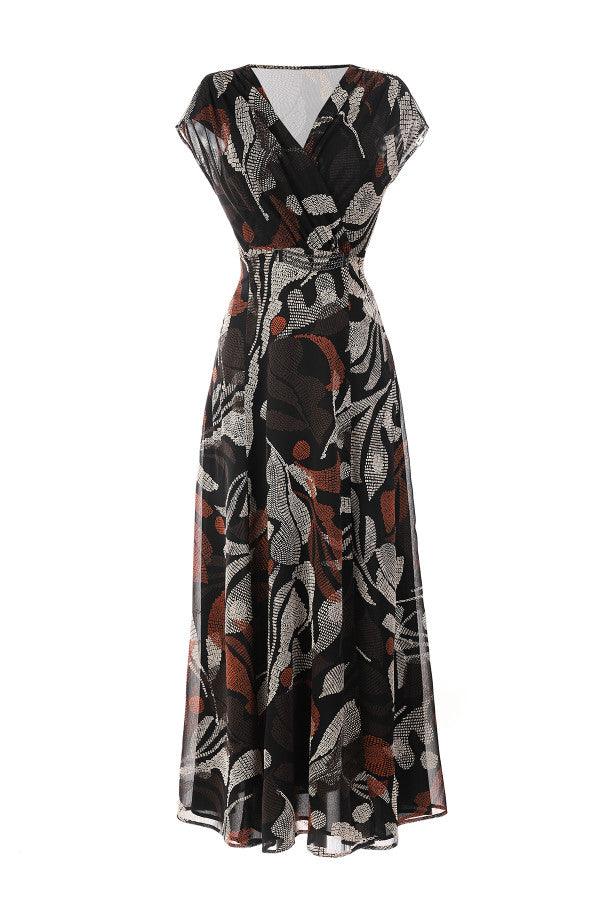 Flowing Long Dress Lola with deep V-neckline and bohemian print in earthy tones, designed for elegance and comfort.