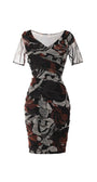 Fitted short dress with sheer sleeves and abstract floral pattern in black, brown, and beige tones for elegant occasions.