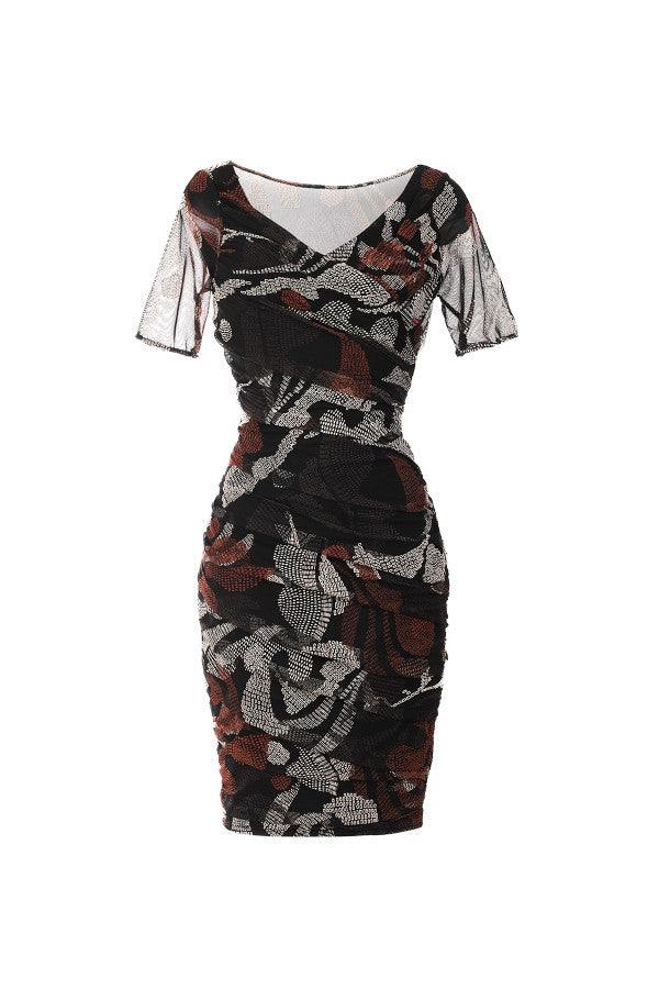 Fitted short dress with sheer sleeves and abstract floral pattern in black, brown, and beige tones for elegant occasions.