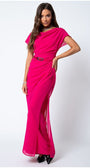 Woman wearing bright hot pink Overall Tina with belted waist and draped layered design posing on white background