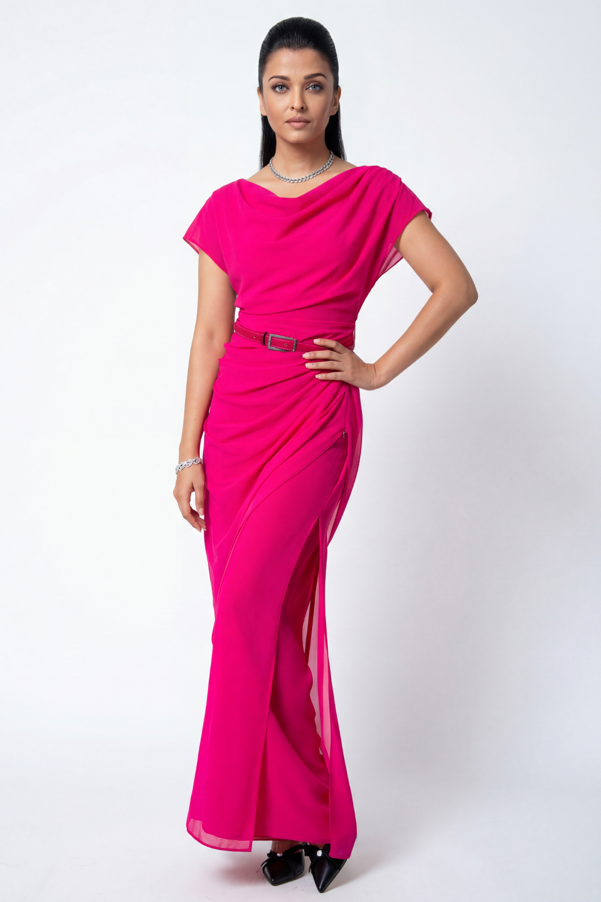 Woman wearing a bright pink evening gown with a belt on a white background