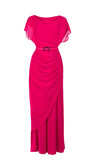 Hot pink elegant hot pink overall with belted waist and draped silhouette inspired by Indian textile vibrancy and modern couture style.