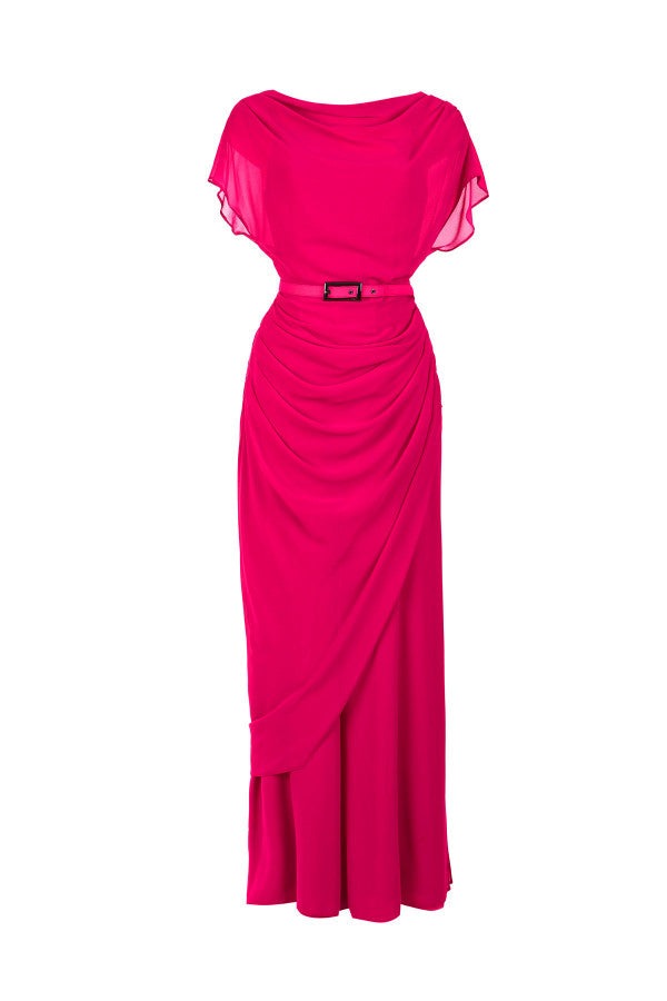 Hot pink elegant hot pink overall with belted waist and draped silhouette inspired by Indian textile vibrancy and modern couture style.