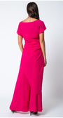 Woman wearing a solid hot pink Overall Tina with a belted waist and layered design, shown from the back on white background