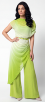 Woman wearing a green outfit with a white background