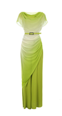 Green evening gown with a belt on a white background