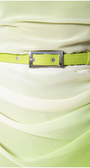 Close-up of a light green dress with a belt featuring a metallic buckle.