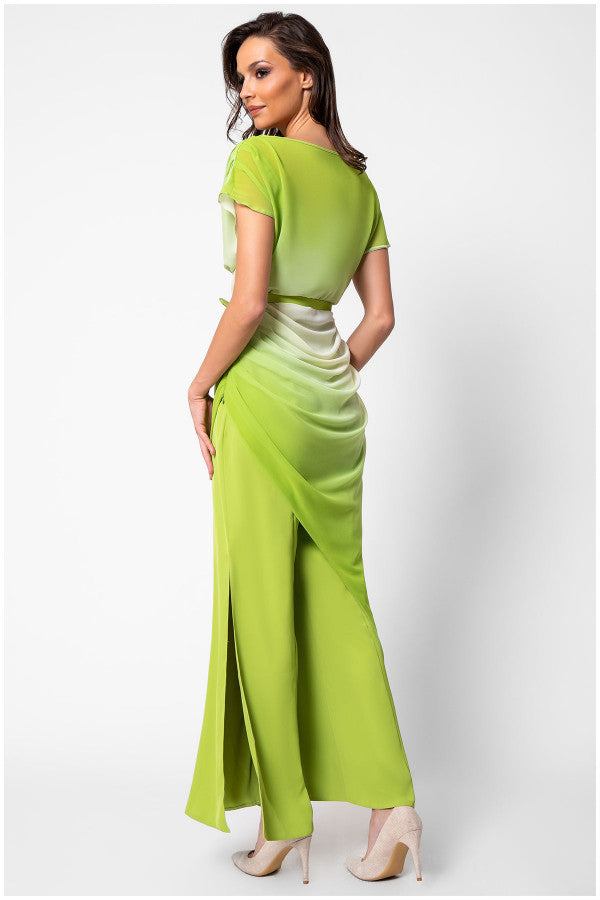Woman wearing ombre green Overall Tina with belted waist and flared legs, showcasing elegant draping and soft gradient hues.