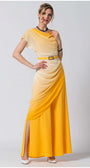 Woman modeling Tina Overalls in Yellow with ombre design and draped detail, embodying radiant elegance and femininity.