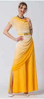 Woman modeling Tina Overalls in Yellow with ombre design and draped detail, embodying radiant elegance and femininity.