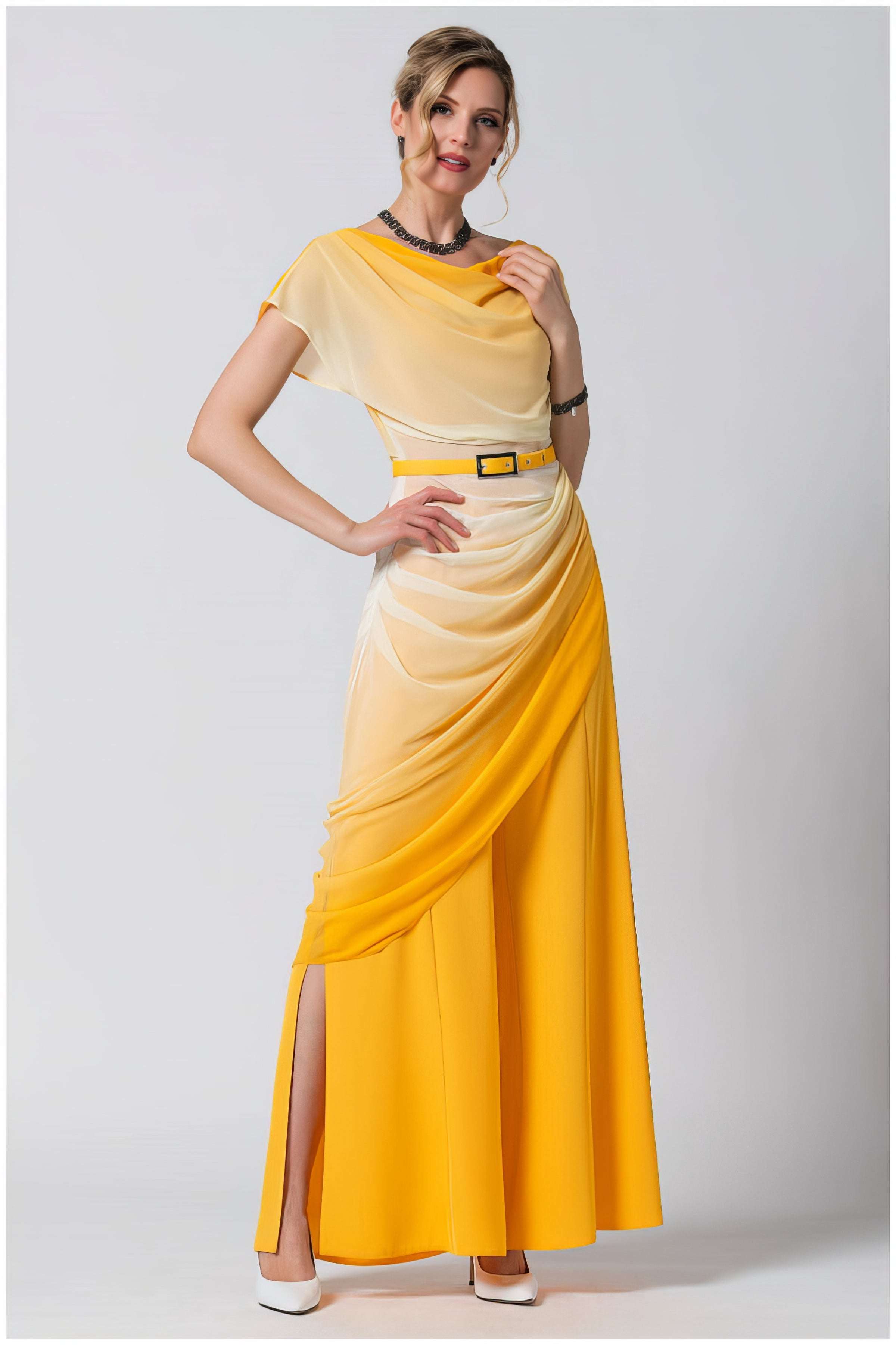 Woman modeling Tina Overalls in Yellow with ombre design and draped detail, embodying radiant elegance and femininity.