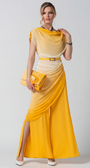 Woman wearing a yellow dress with a matching clutch against a white background