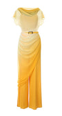 Luminous ombre yellow overall with two-layer design, belted waist, subtle leg slit, and flowing sculptural silhouette.