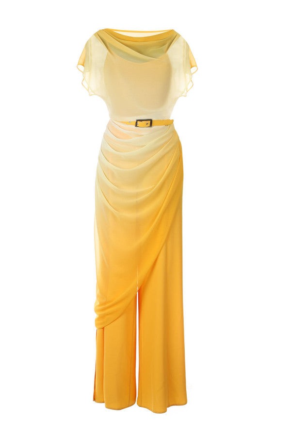 Luminous ombre yellow overall with two-layer design, belted waist, subtle leg slit, and flowing sculptural silhouette.