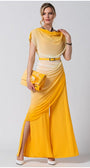 Woman wearing luminous ombre yellow Overall Tina with belted waist, draped top, and leg slit holding matching clutch bag