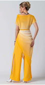 Woman wearing Tina Overalls in Yellow with an ombre design and side slits from Luna Fashion House shown from back